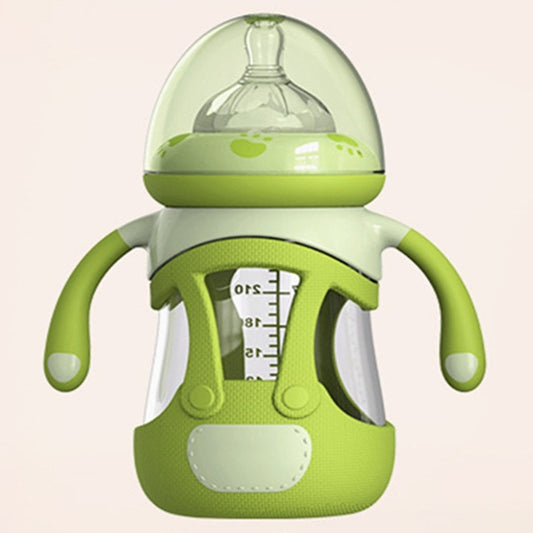 Green baby glass bottle with silicone sleeve, straw lid, measuring scale, 240ml