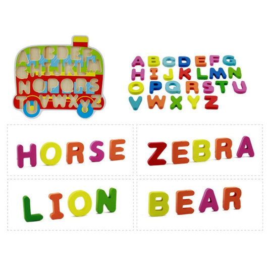 Wooden learning puzzle board with alphabet letters and animal word tiles