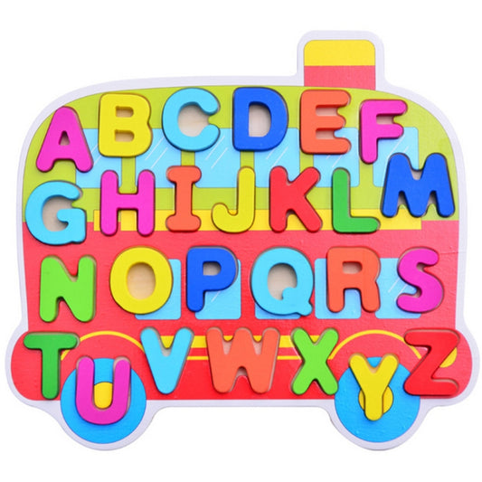 Wooden alphabet letter jigsaw board with colorful uppercase A–Z pieces