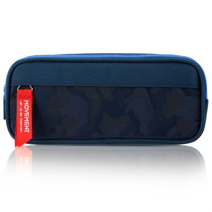 Navy camouflage nylon pencil bag with double zipper closure and tag