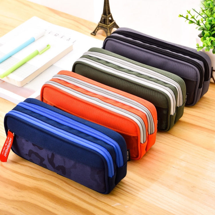 Blue camouflage nylon pencil case with dual zipper top