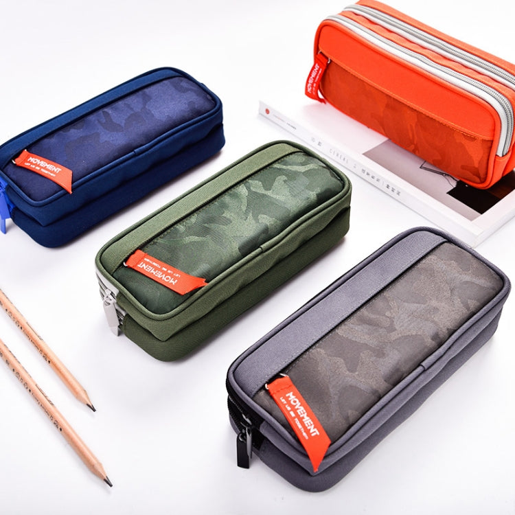 Camouflage pencil cases with double zippers in navy, green, and gray