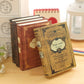 Pocket notebooks with vintage spell covers, stacked in dark red and tan colors.