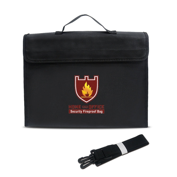 Black fireproof security safe bag with carry handle and front shield emblem