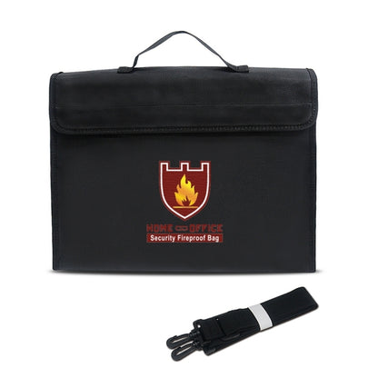 Black fireproof security safe bag with carry handle and front shield emblem