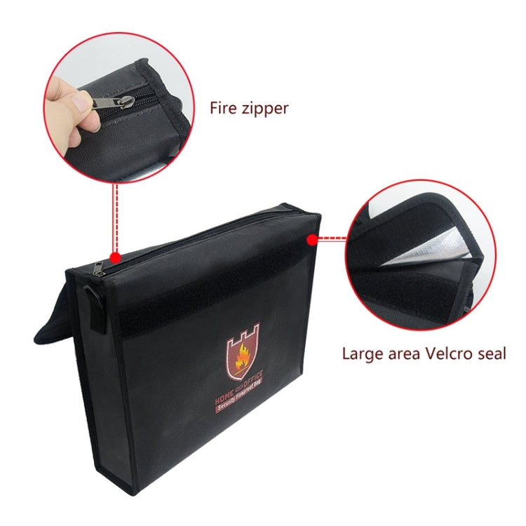 Black fireproof bag with fire zipper opening and large Velcro seal