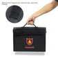 Black fireproof safe bag with top handle and neat stitched corner detail