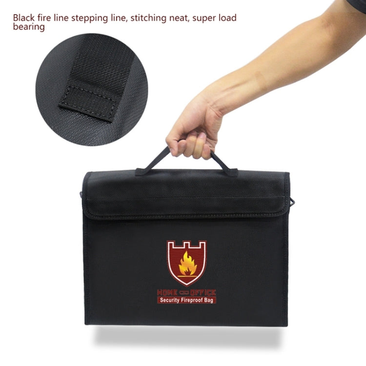 Black fireproof safe bag with top handle and neat stitched corner detail