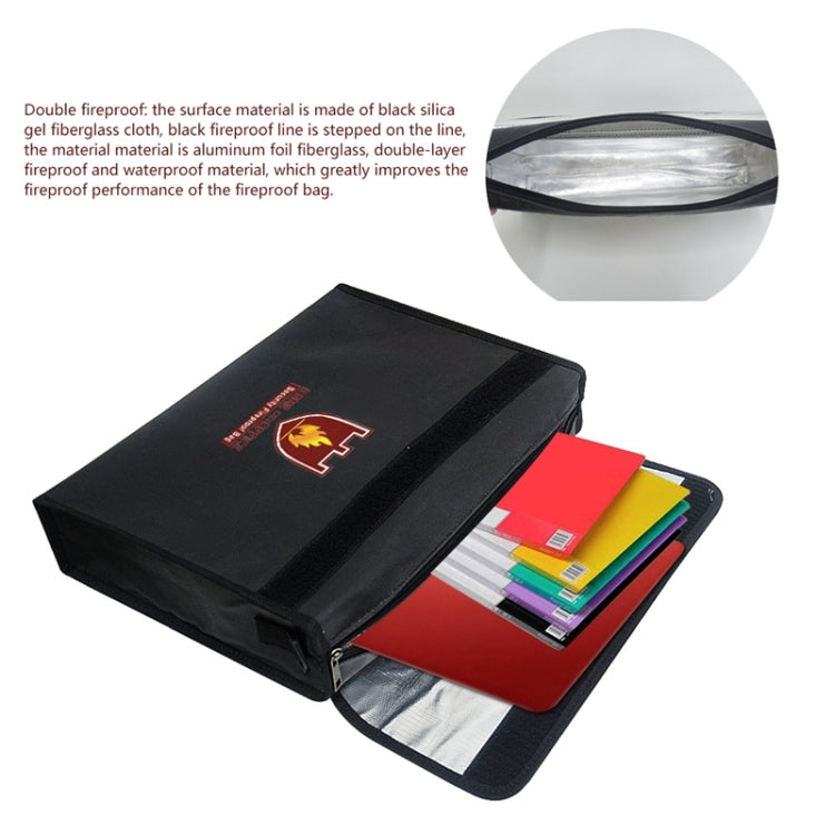 Black fireproof filing bag opened to show document compartment and zipper closure