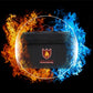 Black fireproof security bag with front shield emblem and flap carry handle