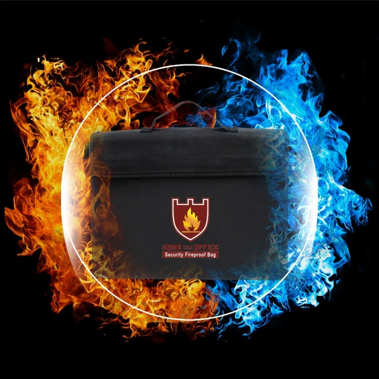 Black fireproof security bag with front shield emblem and flap carry handle