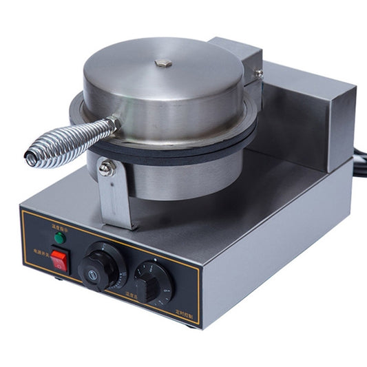 Close-up stainless steel egg roll machine head with hinged bracket and control panel