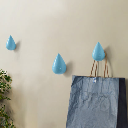 Blue resin water droplet wall hook, glossy teardrop single coat hanger
