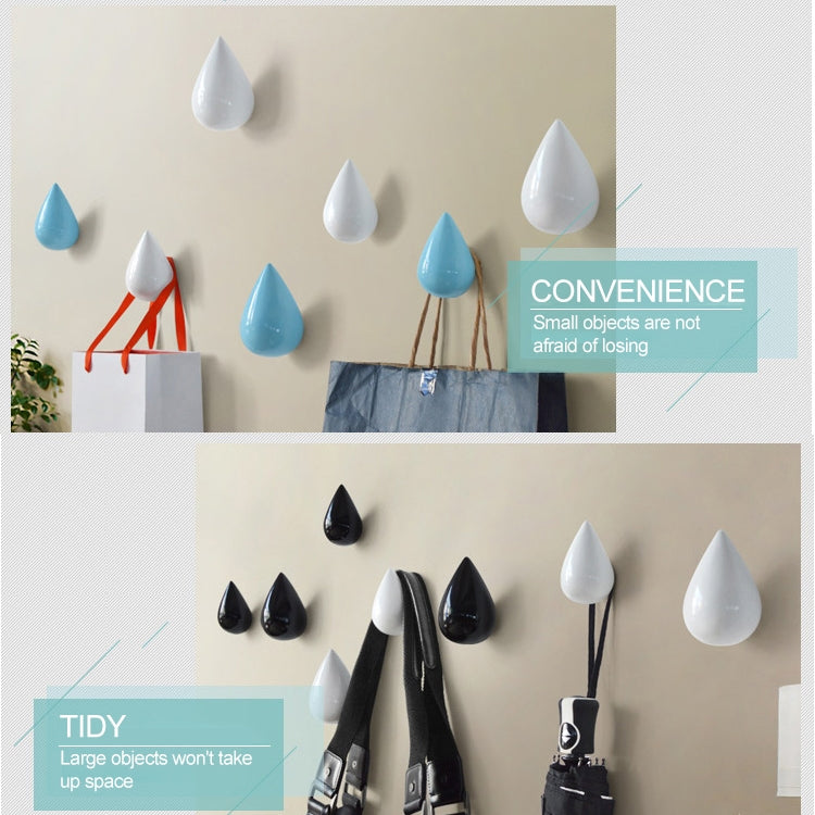 Resin water droplet wall hooks in white, blue, and black, glossy teardrops set