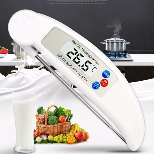 White digital meat thermometer with long probe and LCD temperature readout