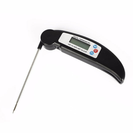 Black digital meat thermometer with long probe and LCD temperature display