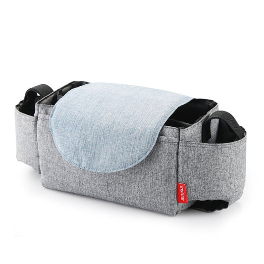 Baby stroller diaper bag in gray with light blue front flap and side pockets, red tag