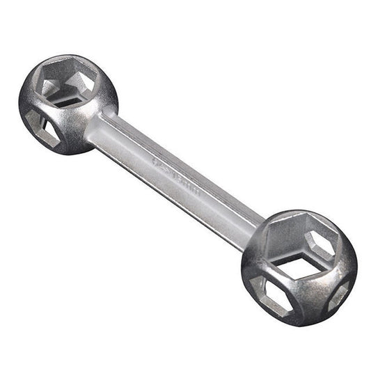 Hexagonal bicycle wrench tool with two sockets, silver metal finish
