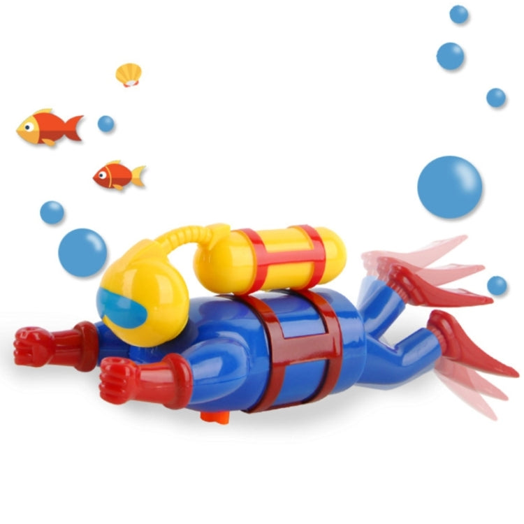 Clockwork bath diver toy in blue with red propeller tail, yellow helmet and arms