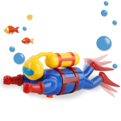 Clockwork bath diver toy in blue with red propeller tail, yellow helmet and arms