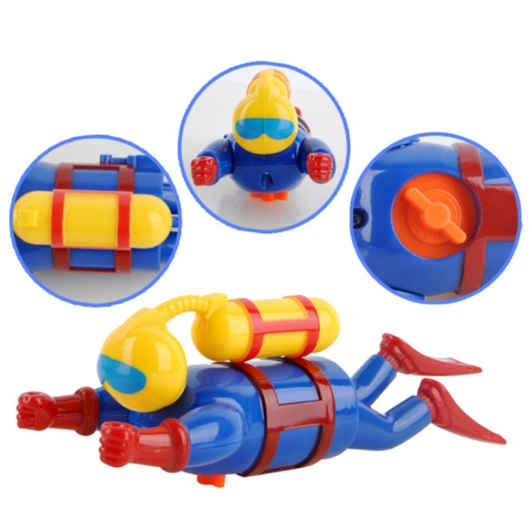 Blue clockwork diver bath toy with yellow helmet and red fins, side view