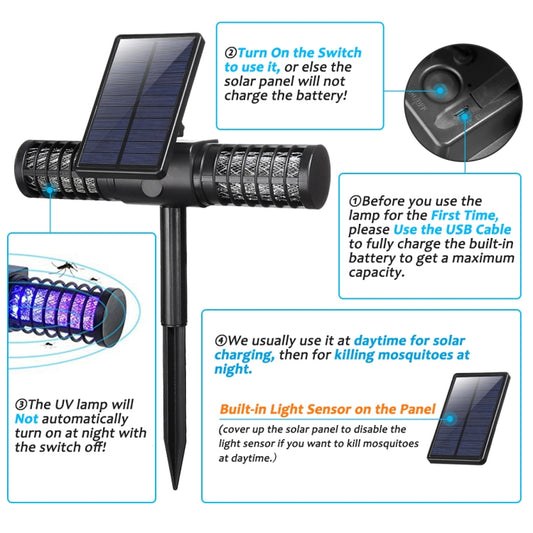 Solar mosquito killer light with solar panel, UV tubes, and built-in light sensor