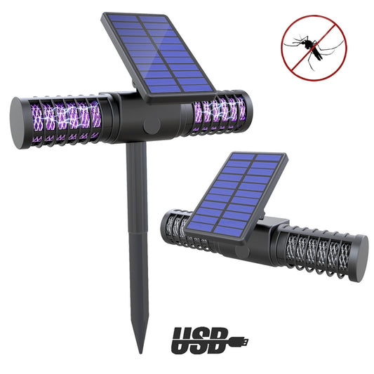 Solar mosquito trap light with solar panel and purple UV LED tube on a stake