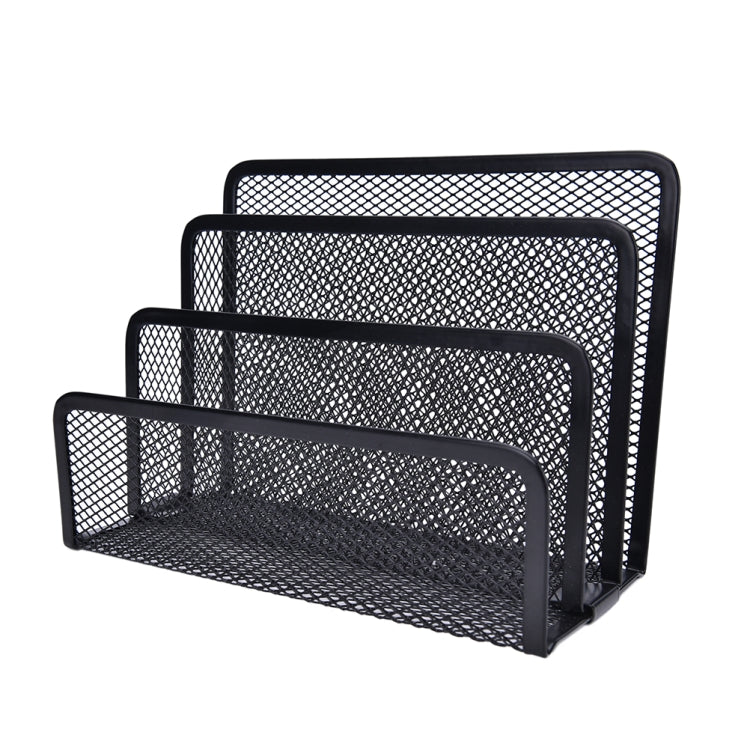 Black mesh letter sorter document tray with three open compartments, angled front