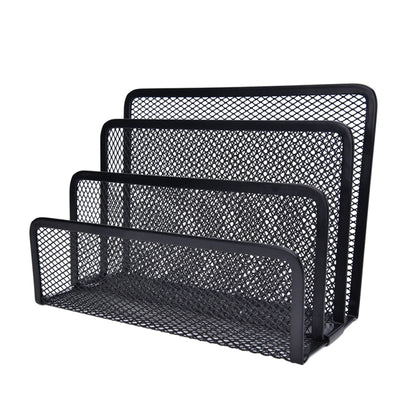 Black mesh letter sorter document tray with three open compartments, angled front