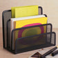 Black mesh letter sorter with multiple slots holding yellow and pink papers