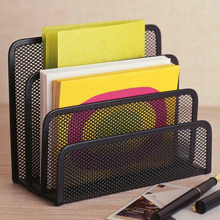 Black mesh letter sorter with multiple slots holding yellow and pink papers