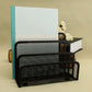 Black mesh desk tray sorter with curved front and open slots, holding papers