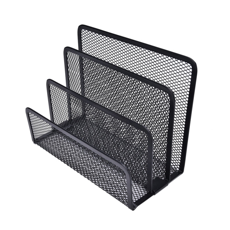 Black metal mesh letter sorter desk organizer with three tier open slots, front view
