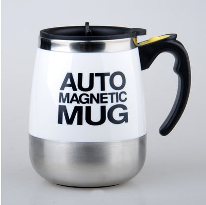 White auto magnetic mixing mug with black handle and lid