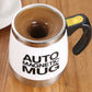 White auto magnetic mixing mug filled with coffee, black handle and open lid