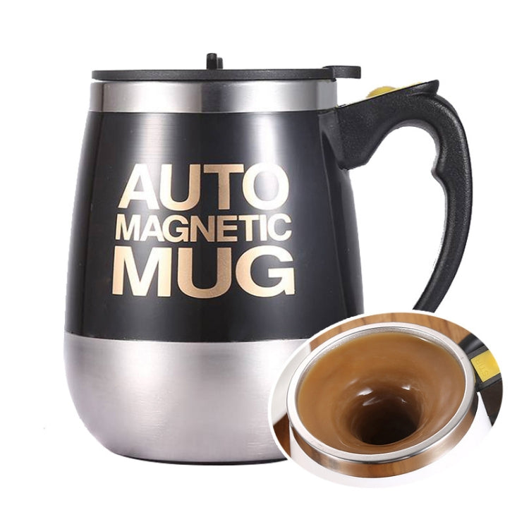 Black auto magnetic mixing mug with handle and lid, shown with coffee insert