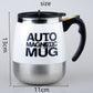 White auto magnetic mixing mug with black handle and lid, size markings shown