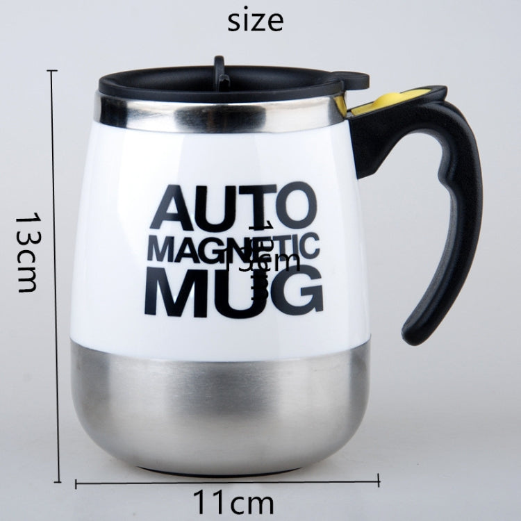 White auto magnetic mixing mug with black handle and lid, size markings shown
