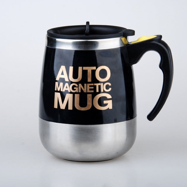 Black auto magnetic mixing mug with black handle and lid