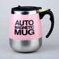Pink auto magnetic mixing mug with black handle and lid, yellow accent switch