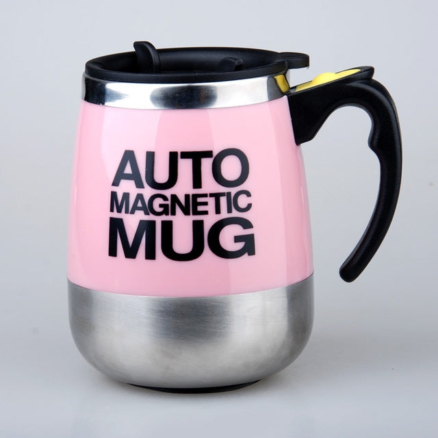 Pink auto magnetic mixing mug with black handle and lid, yellow accent switch