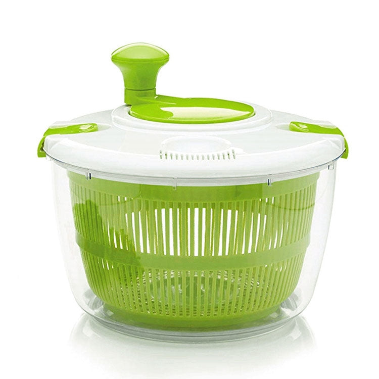 Green and white salad spinner with mesh drain basket and snap-on top lid