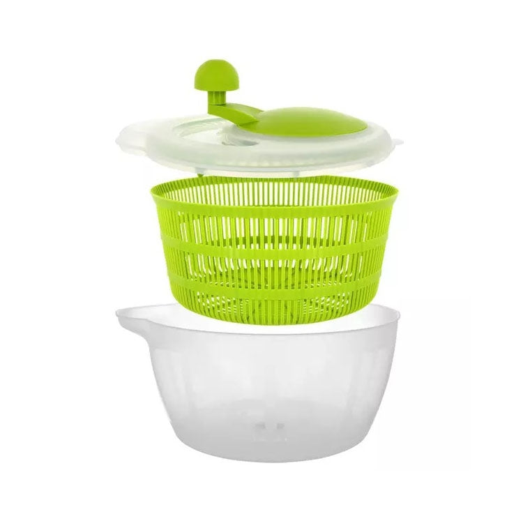 Salad spinner with green basket and clear lid, plus white collection bowl