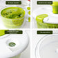 Salad spinner features: green basket, white top, drainage slots, and non-slip base