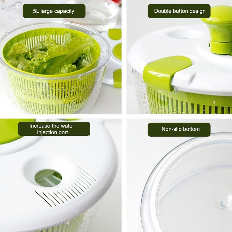Salad spinner features: green basket, white top, drainage slots, and non-slip base