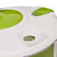 Salad spinner lid and vented top with green knob over the green drain basket