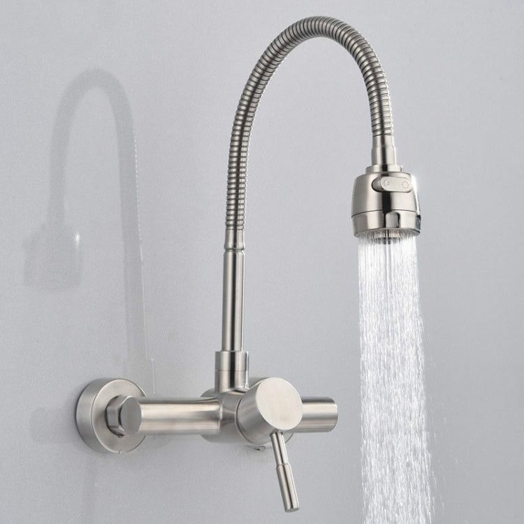 Wall-mounted stainless steel kitchen sink faucet with flexible braided hose and sprayer