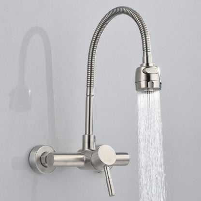 Wall-mounted stainless steel kitchen sink faucet with flexible braided hose and sprayer