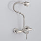 Wall-mounted kitchen faucet with flexible metal hose and two handle-style control knobs