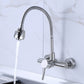 Stainless steel wall faucet with tall spout, flexible hose sprayer, and side control